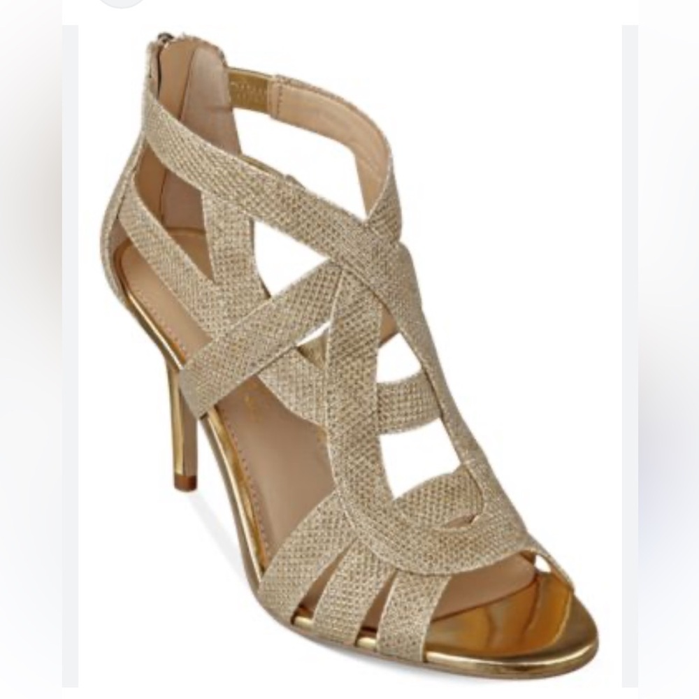 MARC FISHER Gold Nala Strappy Peep Toe Heels Size 10 NWOT